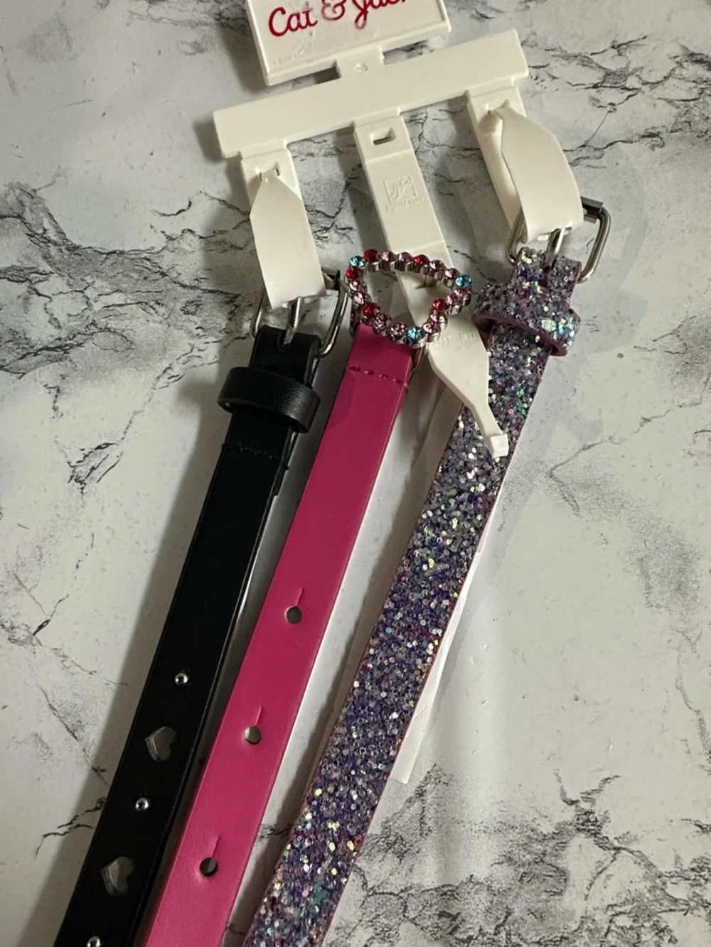 Cat & Jack Girls 3-Pack Heart Cutout, Pink and Glitter Skinny Belts Size XL